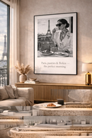 black white paris wall art woman coffee eiffel tower poster