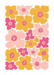 Breng vrolijke retro vibes in huis met deze kleurrijke bloemenposter in roze, geel en zachtroze tinten. Het grafische, speelse ontwerp zorgt voor een frisse en zomerse look en past perfect in een modern, creatief interieur. Geprint op 250 grams premium satin papier voor een luxe uitstraling en haarscherpe details – ideaal als eyecatcher voor elke muur.