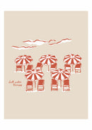 Rode parasols en strandstoelen onder golvende wolken, met kleine Salt water therapy letters op beige.