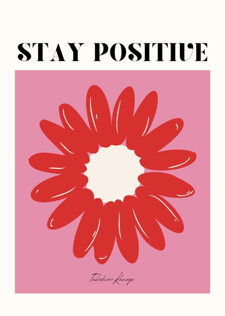 Laat je inspireren door deze vrolijke Stay Positive poster met een opvallende rode bloem op een roze achtergrond. Het speelse ontwerp en de motiverende tekst brengen kleur en positiviteit in elke ruimte. Geprint op 250 grams premium satin papier voor een luxe uitstraling en heldere details – perfect als eyecatcher in je woonkamer, kantoor of slaapkamer.