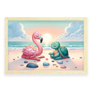Strand Yoga met flamingo en schildpad Walljar Kinderposter