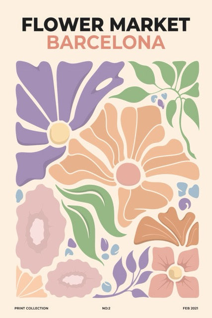 Breng een vleugje zomerse sfeer in huis met deze kleurrijke Flower Market Barcelona poster. Het speelse ontwerp met abstracte bloemen in zachte pastelkleuren en retro typografie geeft je interieur een frisse en trendy uitstraling. Geprint op 250 grams premium satin papier voor een luxe afwerking en heldere details – perfect voor liefhebbers van botanische en grafische wanddecoratie.
