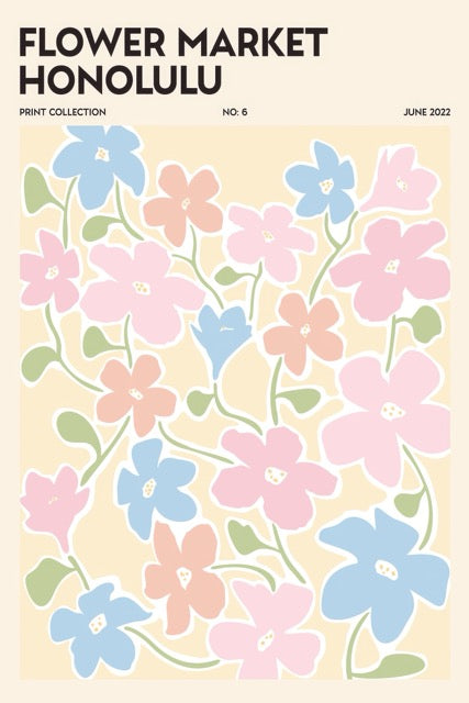 Breng een vleugje zomerse sfeer in huis met deze kleurrijke Flower Market Honolulu poster. Het speelse ontwerp met abstracte bloemen in zachte pastelkleuren en retro typografie geeft je interieur een frisse en trendy uitstraling. Geprint op 250 grams premium satin papier voor een luxe afwerking en heldere details – perfect voor liefhebbers van botanische en grafische wanddecoratie.