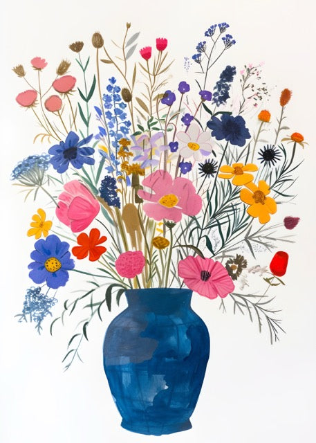 Breng kleur en vrolijkheid in huis met deze poster van een bont boeket wilde bloemen in een diepe blauwe vaas. De heldere roze, gele, paarse en blauwe bloemen zorgen voor een speels en artistiek accent dat elke ruimte opfleurt. Geprint op 250 grams premium satin papier voor een luxe uitstraling en haarscherpe details – perfect voor liefhebbers van botanische en kleurrijke wanddecoratie.
