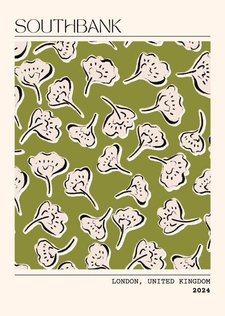 Voeg een trendy en grafische touch toe aan je interieur met deze Southbank London poster uit 2024. Het speelse patroon van abstracte bloemen in crème op een olijfgroene achtergrond geeft een moderne, creatieve uitstraling aan elke muur. Geprint op 250 grams premium satin papier voor een luxe afwerking en haarscherpe details – ideaal voor liefhebbers van eigentijdse wanddecoratie met een stedelijk tintje.
