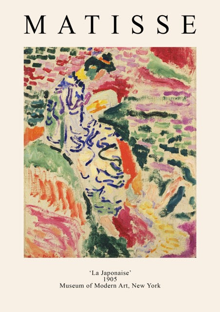 Voeg een vleugje kunstgeschiedenis toe aan je interieur met deze Matisse poster La Japonaise (1905). Het expressieve kleurgebruik en de losse penseelstreken kenmerken de fauvistische stijl van Henri Matisse en brengen een levendig, artistiek accent aan je muur. Geprint op 250 grams premium satin papier voor een luxe afwerking en haarscherpe details – perfect voor liefhebbers van kunstposters en klassieke meesterwerken.