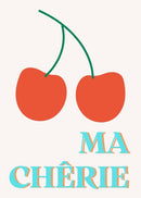 Breng een vleugje Franse charme in je interieur met de Ma Chérie Poster. Dit speelse ontwerp met twee kersen en een frisse typografie in turquoise en oranje heeft een retro vibe die perfect past in keukens, eetkamers of gezellige hoekjes. Een echte blikvanger die liefde en vrolijkheid uitstraalt.