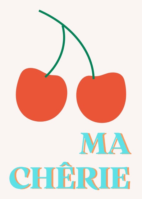 Breng een vleugje Franse charme in je interieur met de Ma Chérie Poster. Dit speelse ontwerp met twee kersen en een frisse typografie in turquoise en oranje heeft een retro vibe die perfect past in keukens, eetkamers of gezellige hoekjes. Een echte blikvanger die liefde en vrolijkheid uitstraalt.
