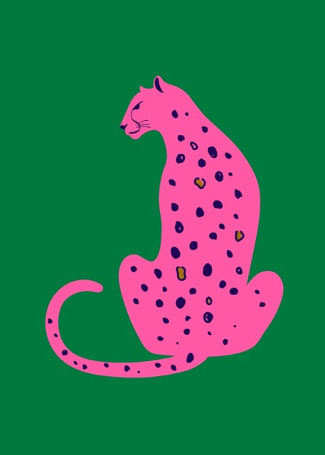 Deze Roze Luipaard Poster is een echte eyecatcher voor ieder interieur. De combinatie van een felroze luipaard met donkerblauwe stippen tegen een diepgroene achtergrond