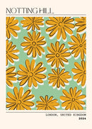 Laat je inspireren door de levendige sfeer van Londen met deze Notting Hill poster uit 2024. Het speelse patroon van grote gele bloemen op een frisse mintgroene achtergrond geeft je interieur een vrolijke en trendy uitstraling. Geprint op 250 grams premium satin papier voor een luxe look en heldere kleuren – perfect voor liefhebbers van kleurrijke en grafische wanddecoratie.