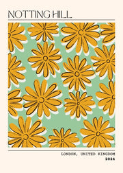 Laat je inspireren door de levendige sfeer van Londen met deze Notting Hill poster uit 2024. Het speelse patroon van grote gele bloemen op een frisse mintgroene achtergrond geeft je interieur een vrolijke en trendy uitstraling. Geprint op 250 grams premium satin papier voor een luxe look en heldere kleuren – perfect voor liefhebbers van kleurrijke en grafische wanddecoratie.