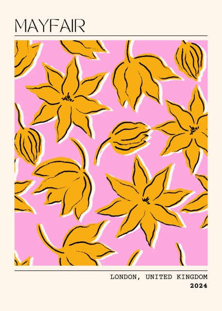 Geef je muur een trendy en kleurrijke upgrade met deze Mayfair London poster uit 2024. Het opvallende patroon van gele bloemen op een levendige roze achtergrond brengt een vrolijke, moderne sfeer in elke ruimte. Geprint op 250 grams premium satin papier voor een luxe uitstraling en haarscherpe details – perfect voor liefhebbers van grafische en eigentijdse wanddecoratie.
