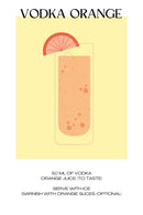 De Vodka Orange cocktail poster met recept erbij met de kleuren oranje en geel. Leuke zomerposter met vrolijke kleuren. Leuk voor in de keuken of slaapkamer.