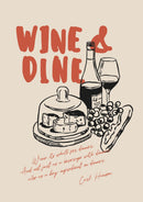 Een wijnfles, wijnglas, druiven en kaasstolp voor rode Wine & Dine letters op beige, met kleine kalligrafie.