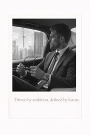 Zwart-wit poster van man in luxe auto met quote Driven by ambition defined by luxury