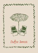Endless Summer – Parasol en Strandstoelen – Groene lijntekeningen van een parasol en twee strandstoelen binnen een groene golfrand.