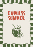 Endless Summer – Kokosnoot en Groene Strepen – Een groene kokosnoot met bloemen en rode Endless Summer letters binnen een golvende groene strepenrand.