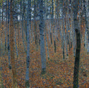 Gustav Klimt – Beech Grove II: Een dicht bos met slanke boomstammen en een bodem in warme bruine tinten.