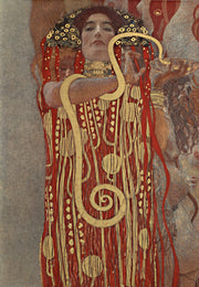 Gustav Klimt – Hygieia - Zonder kader: Een vrouwenfiguur in een rode mantel met goudkleurige ornamenten en een slang.