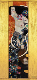 Gustav Klimt – Judith II: Een langgerekte vrouwenfiguur met decoratieve patronen in zwart, goud en levendige kleuren.