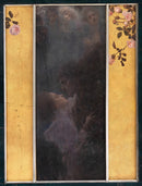 Gustav Klimt – Liebe: Een donkere romantische compositie met figuren, geflankeerd door goudkleurige vlakken met bloemen.