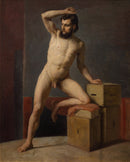 Gustav Klimt – Male act: Een zittende naakte man met een geheven arm, weergegeven in warme aardetinten.