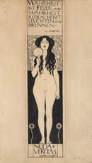 Gustav Klimt – Nuda Veritas: Een gestileerde naakte vrouwenfiguur met lang haar en tekst boven en onder de afbeelding.