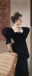 Gustav Klimt – Portrait of a lady: Een vrouw in een zwarte jurk naast een stoel, met een sierlijke houding en warme achtergrond.