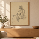 Gustav Klimt - Seated Man Turned to the Left in een eiken lijst boven een kast in een warm beige interieur
