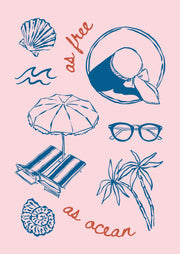 Blauwe illustraties van een strandhoed, ligstoel, schelpen en palmboom op roze met rode letters.