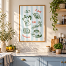 It Feels Like Summer – Blauwe Strepen in een lichte keuken met lichtblauwe kastjes, een marmeren koffiehoek en warme ochtendzon