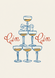 Cin Cin – Blauwe Champagnetoren met Strik – Een blauwe champagnetoren met strik en rode Cin Cin letters op crème.