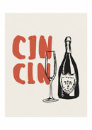 Cin Cin – Champagnefles en Glas – Een zwarte champagnefles met een slank glas naast rode Cin Cin typografie op crème.