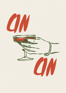 Cin Cin – Hand met Groen Cocktailglas – Een groene hand met cocktailglas en grote rode Cin Cin letters.