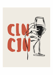 Cin Cin – Hand met Wijnglas – Zwarte lijntekening van een hand met wijnglas naast grote rode Cin Cin letters op crème.