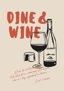 Dine & Wine – Wijnfles en Glas – Een zwarte wijnfles en wijnglas naast rode Dine & Wine letters en handgeschreven tekst op beige.