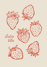 Dolce Vita – Rode Aardbeien – Rode lijntekeningen van aardbeien met Dolce Vita letters op een lichte beige achtergrond.