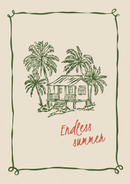 Endless Summer – Strandhuis en Palmbomen – Groene lijntekeningen van een strandhuis en palmbomen met rode Endless Summer letters op beige.