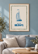 Feels Like Holidays – Blauwe Zeilboot boven een grijze bank tegen een zeeblauwe muur