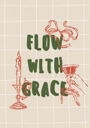 Flow with Grace – Strik en Kaars – Groene Flow with Grace letters met rode strik, kaars en ornamenten op een beige ruitpatroon.
