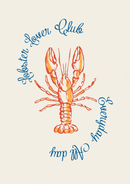 Lobster Lover Club – Kreeft met Blauwe Letters – Een rode kreeft omringd door blauwe sierletters op crème.