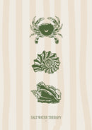 Salt Water Therapy – Groene Krab en Schelpen – Een groene krab en twee schelpen op zachte beige strepen.