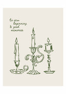 To New Beginnings & Good Memories – Groene Kandelaren – Groene klassieke kandelaren met To new beginnings & good memories letters op crème en witte marges.