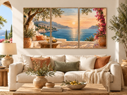 Realistische woonkamer mockup Olive Coast Retreat drieluik