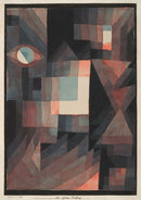 Paul Klee – Abstract. Red and Green Gradation: Gelaagde geometrische vlakken in rood, groen en donkergrijs met een oogachtige vorm links.