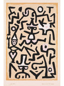 Paul Klee – Comedians’ Handbill: Zwarte abstracte tekens en gezichten op een crèmekleurige ondergrond met een zacht oranje rand.