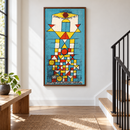 Paul Klee - Die erhabene Seite (1923) in een witte overloop met zwarte trapleuning en een eiken bank