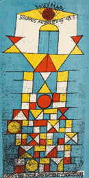 Paul Klee – Die erhabene Seite: Een smalle geometrische compositie met gekleurde driehoeken en cirkels, met bovenaan verwijzingen naar Weimar en Bauhaus.