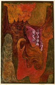 Paul Klee – Dryaden: Organische gezichten en figuurvormen in warme bruine en rode tinten met enkele roze accenten.