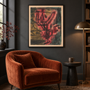 Paul Klee - Feuer Clown I (Fire Clown) (1921) in een donkere leeshoek met een roestkleurige fluwelen fauteuil